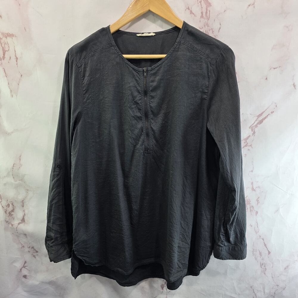 Eileen Fisher Shirt Womens Large Gray Linen Organic Blend Zip Tunic Roll Up